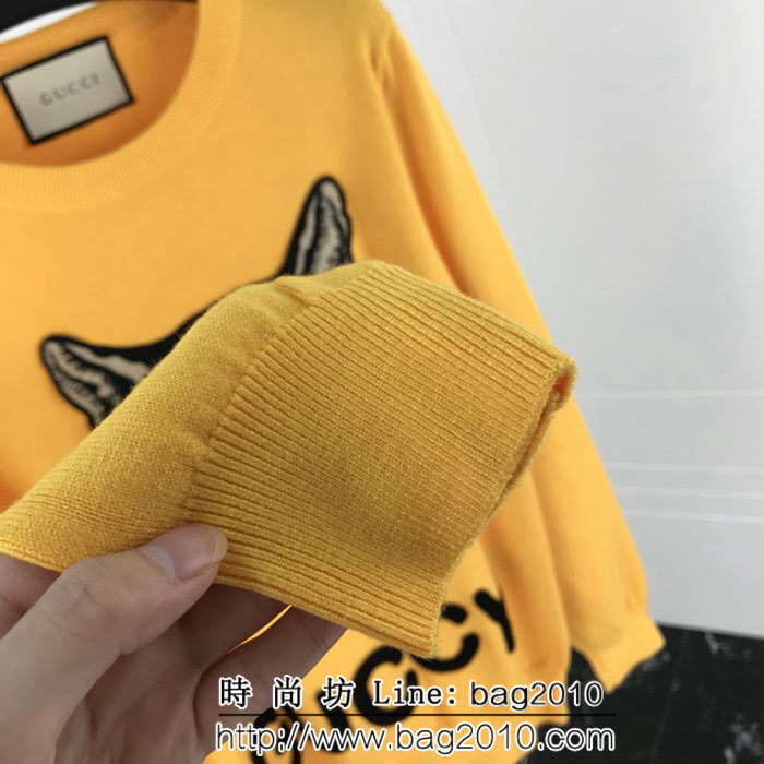 GUCCI古馳 2018SS新款 黃色貓咪刺繡圖案 簡單百搭羊毛衫 情侶款 ydi1289